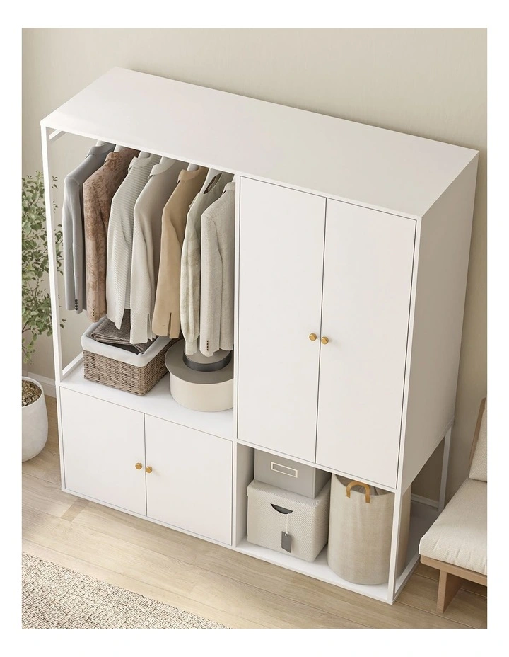 White Closet System with Hanging Rail and Closet Organizer Wardrobe Garment Rack with Shelves image 3
