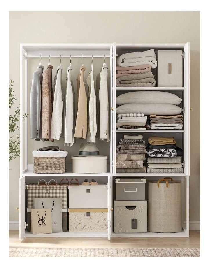 White Closet System with Hanging Rail and Closet Organizer Wardrobe Garment Rack with Shelves image 4
