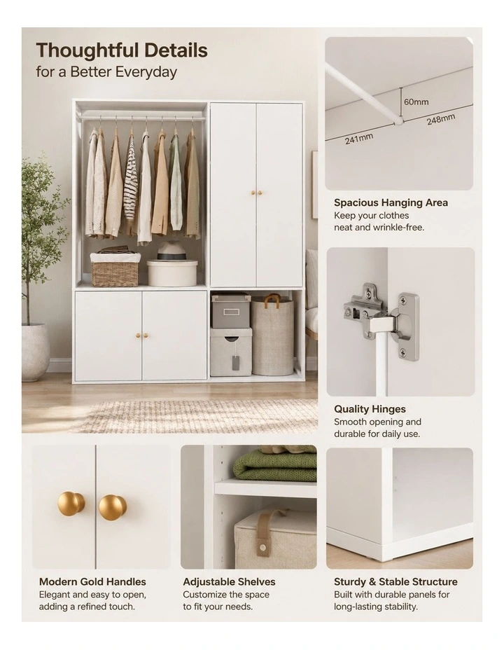 White Closet System with Hanging Rail and Closet Organizer Wardrobe Garment Rack with Shelves image 6
