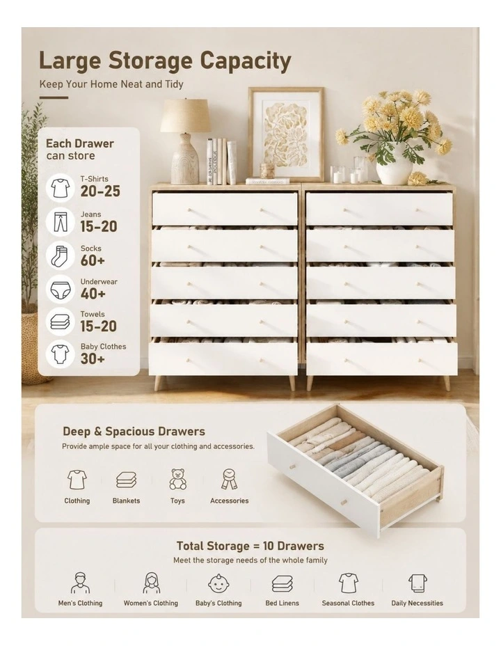 Adriana 10 Drawer Chest of Drawers Tallboy Dressers Set image 4