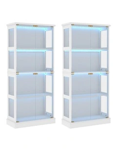 Display Cabinet Set of 2 Storage LED Light 4- Tier Shelves - Foil-laminated Particleboard&MDF/White