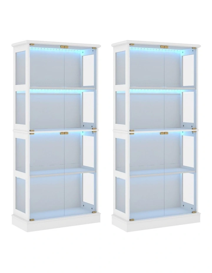 Display Cabinet Set of 2 Storage LED Light 4- Tier Shelves - Foil-laminated Particleboard&MDF/White image 1