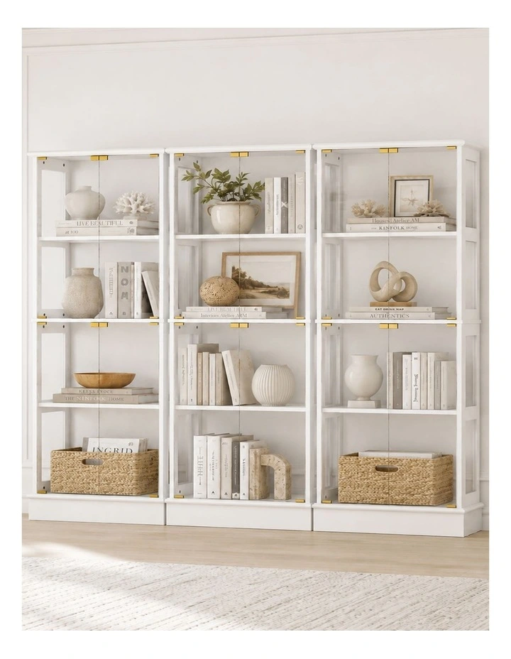 Display Cabinet Set of 2 Storage LED Light 4- Tier Shelves - Foil-laminated Particleboard&MDF/White image 3