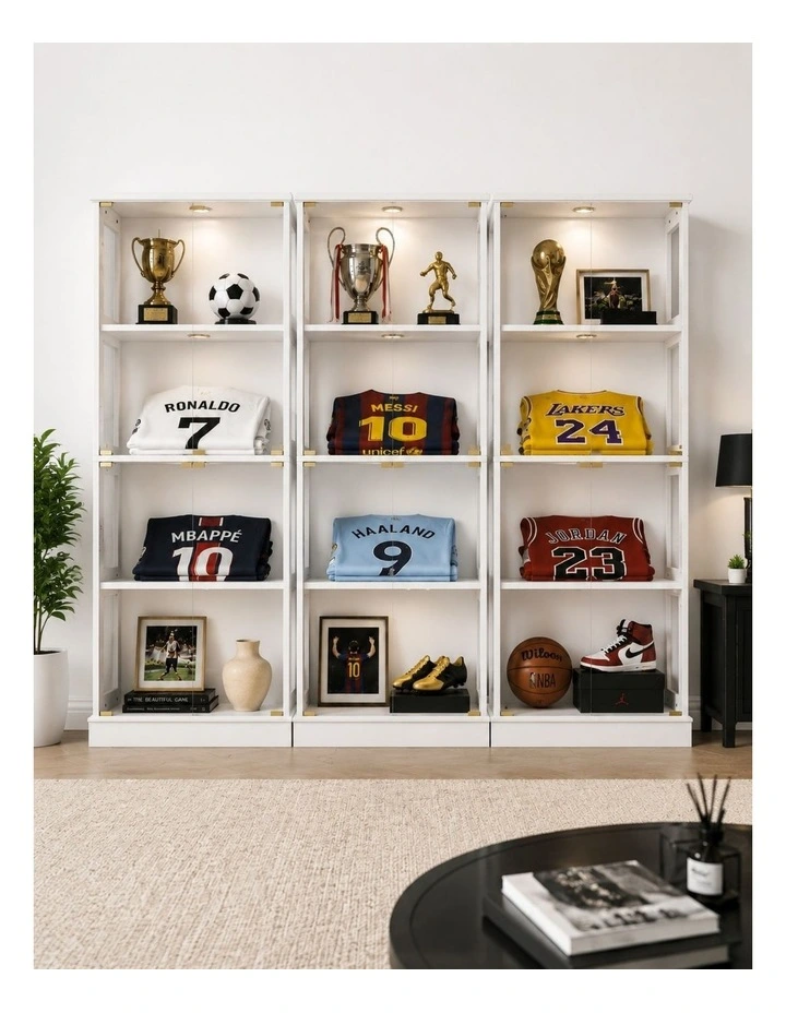 Display Cabinet Set of 2 Storage LED Light 4- Tier Shelves - Foil-laminated Particleboard&MDF/White image 5