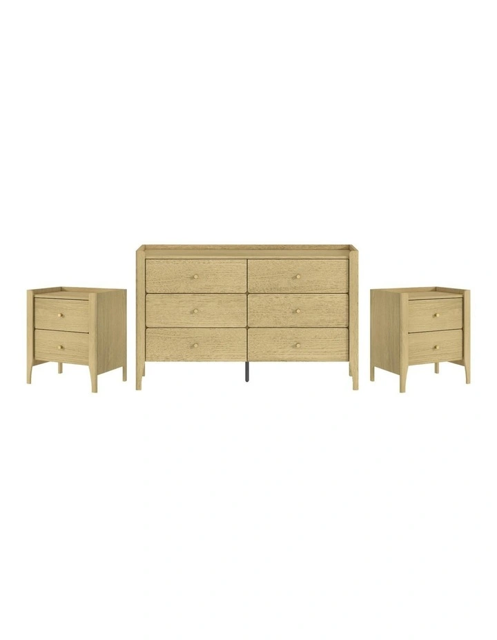 Natural Oak 6 Drawer Lowboy Dresser & 2 Bedside Tables - Foil-laminated Particleboard & MDF image 1