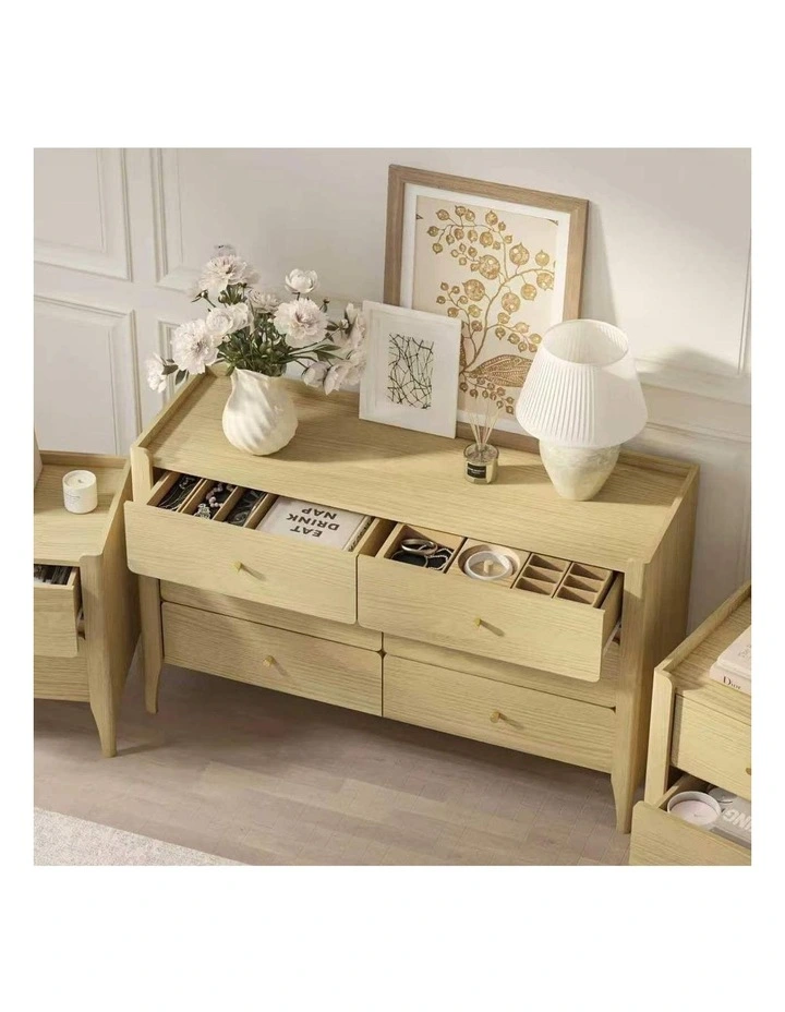 Natural Oak 6 Drawer Lowboy Dresser & 2 Bedside Tables - Foil-laminated Particleboard & MDF image 2