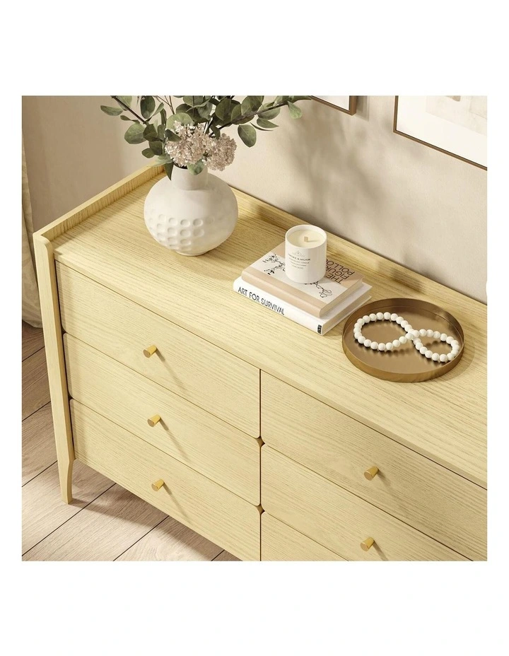 Natural Oak 6 Drawer Lowboy Dresser & 2 Bedside Tables - Foil-laminated Particleboard & MDF image 3