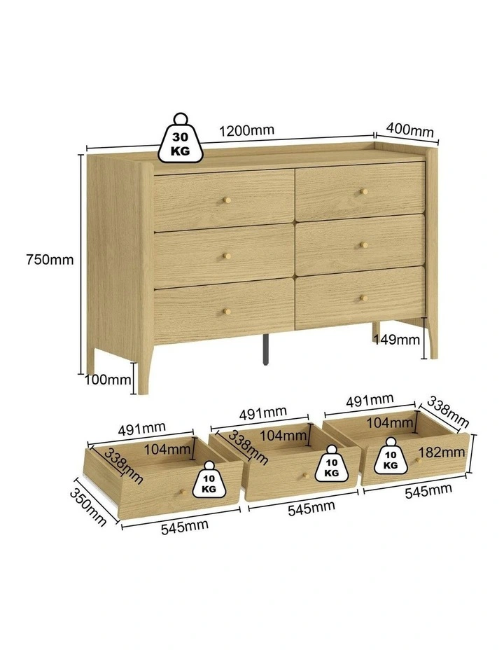 Natural Oak 6 Drawer Lowboy Dresser & 2 Bedside Tables - Foil-laminated Particleboard & MDF image 5