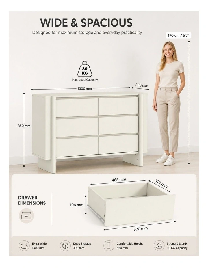 AMBER 6 Drawer Chest of Drawers Set of 2 Storage Cabinet - Foil-laminated Particleboard & MDF/White image 4
