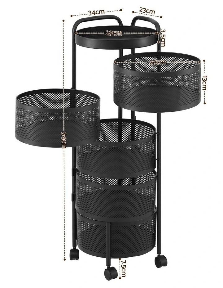 Artiss Storage Trolley Kitchen Cart 5 Tiers Storage Rack Round Basket Black image 2