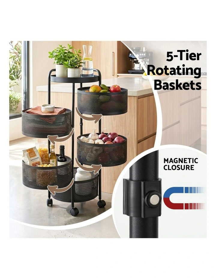 Artiss Storage Trolley Kitchen Cart 5 Tiers Storage Rack Round Basket Black image 4