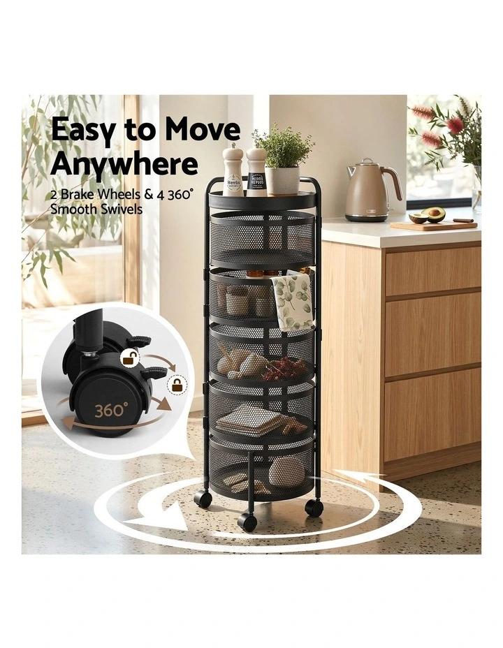 Artiss Storage Trolley Kitchen Cart 5 Tiers Storage Rack Round Basket Black image 5