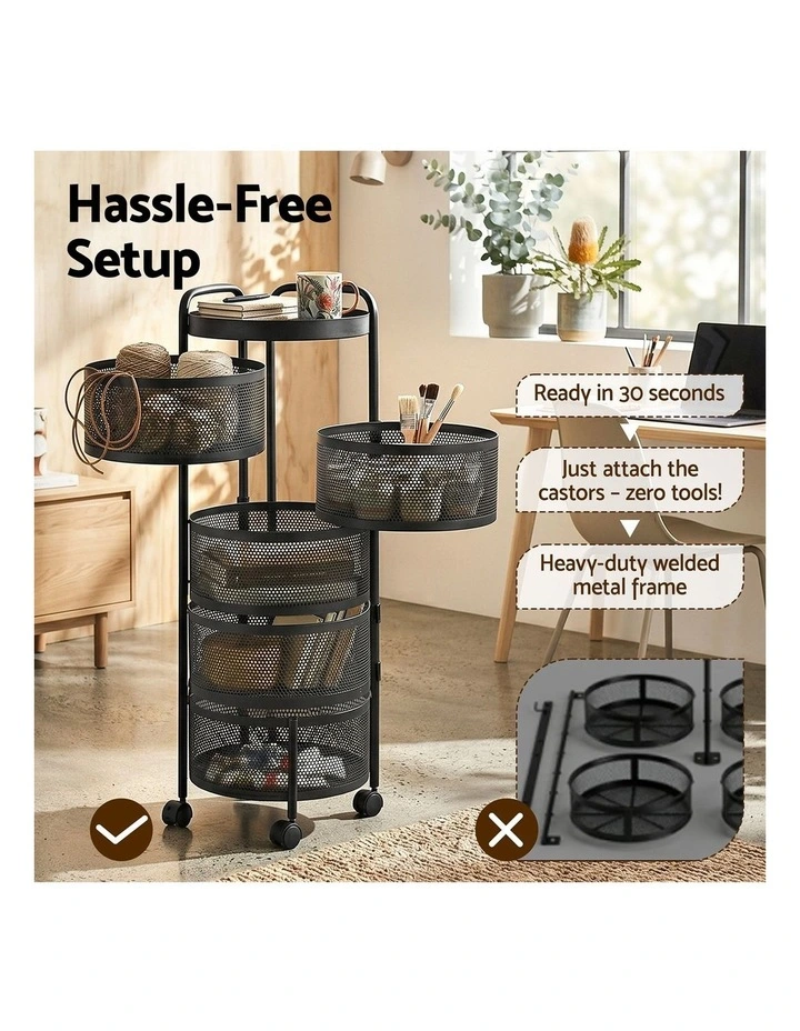 Artiss Storage Trolley Kitchen Cart 5 Tiers Storage Rack Round Basket Black image 7