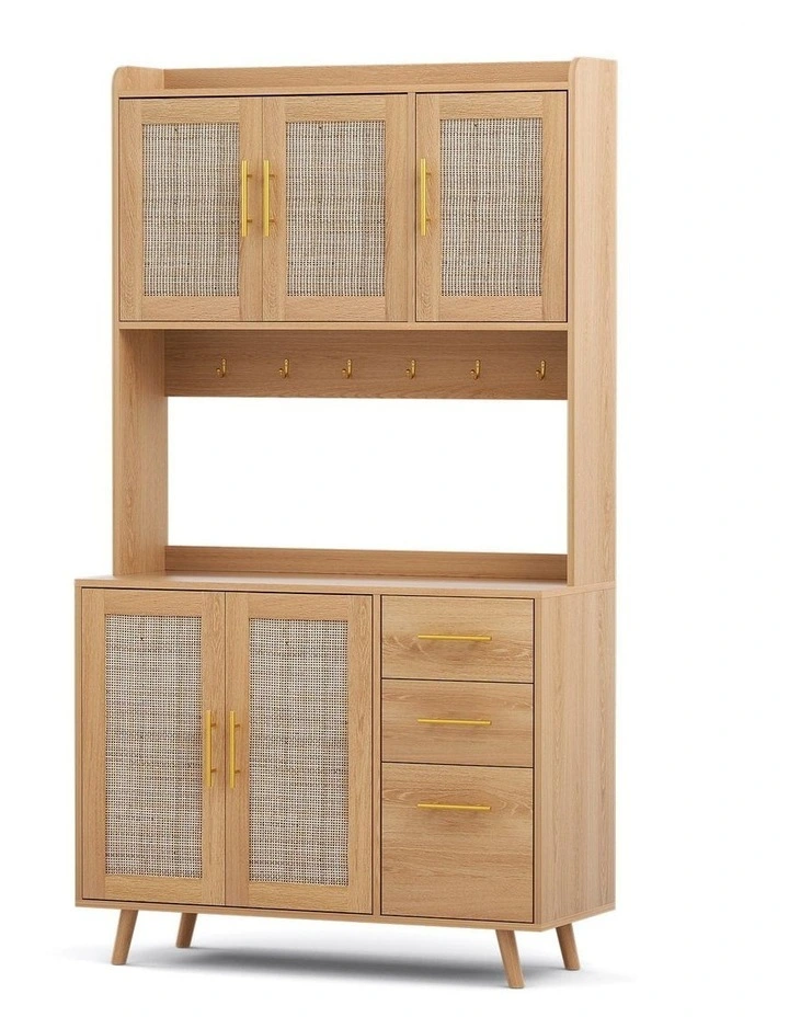 Artiss Buffet Sideboard Hutch Storage Cabinet Kitchen Cupboard Hooks Rattan Pine image 1