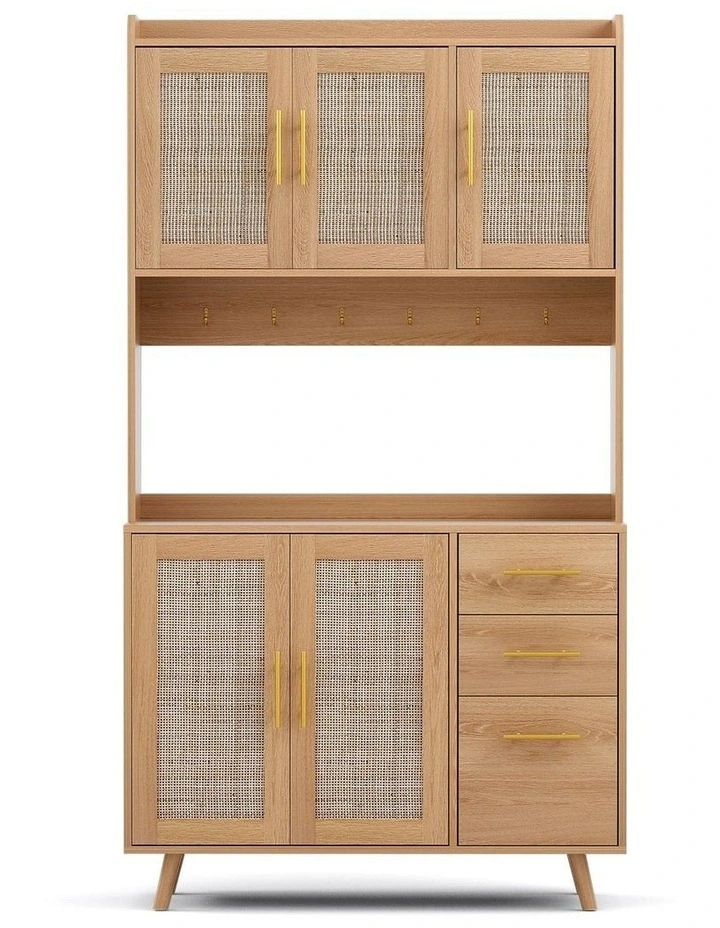 Artiss Buffet Sideboard Hutch Storage Cabinet Kitchen Cupboard Hooks Rattan Pine image 2