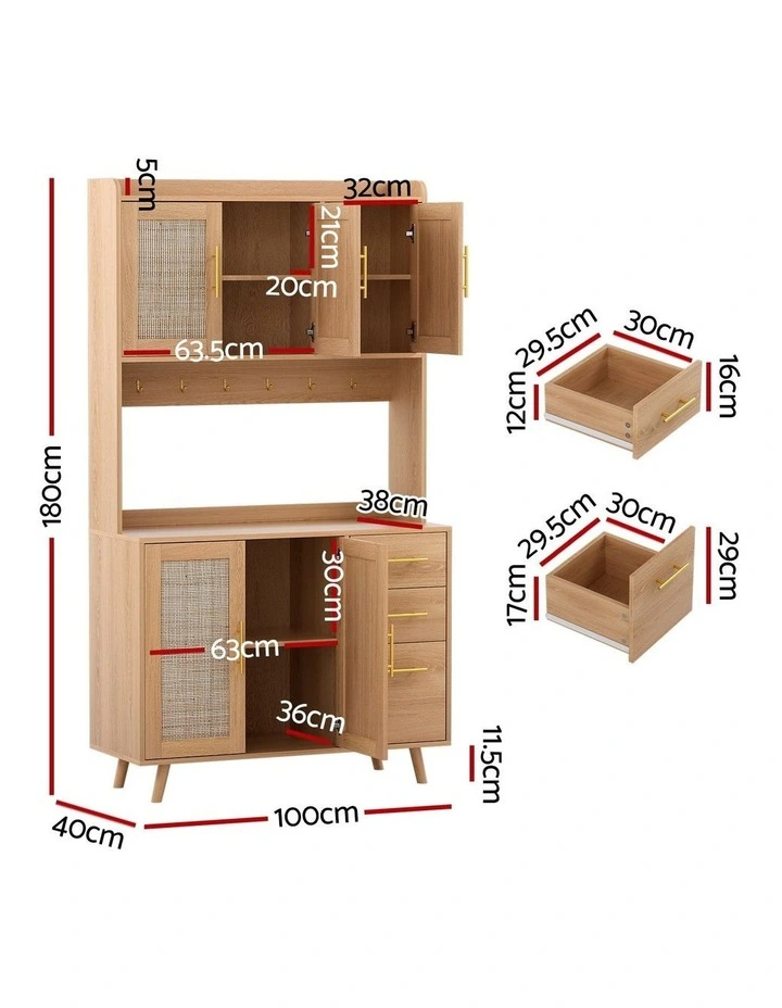 Artiss Buffet Sideboard Hutch Storage Cabinet Kitchen Cupboard Hooks Rattan Pine image 3