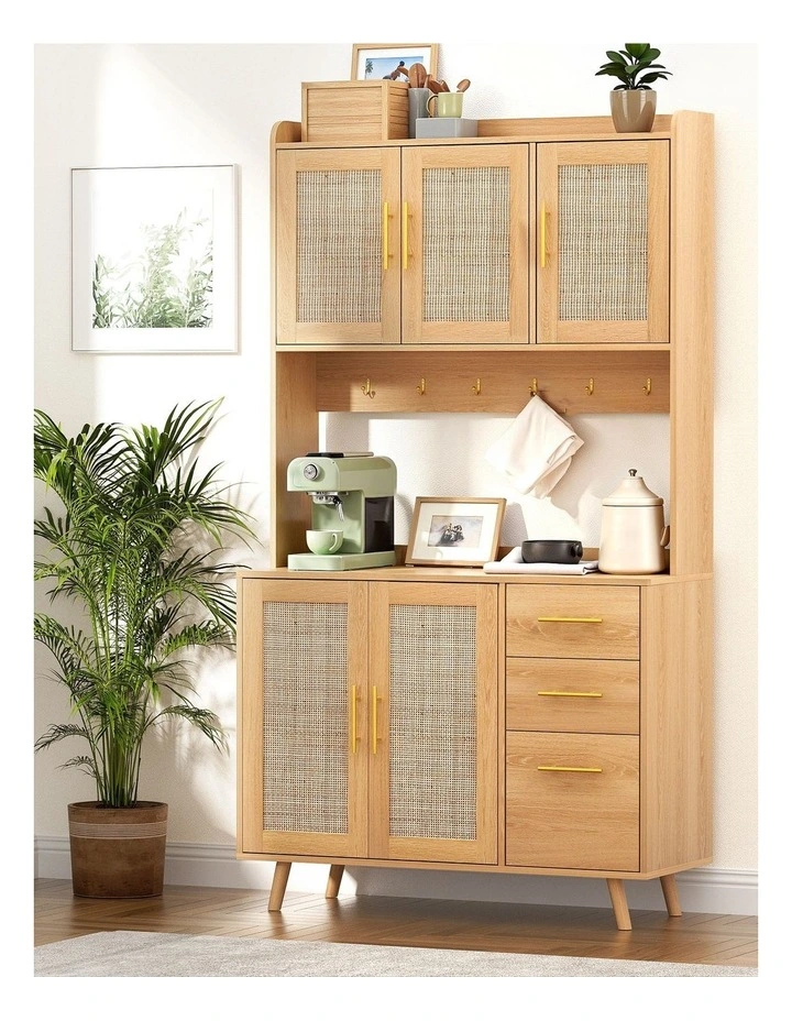Artiss Buffet Sideboard Hutch Storage Cabinet Kitchen Cupboard Hooks Rattan Pine image 4