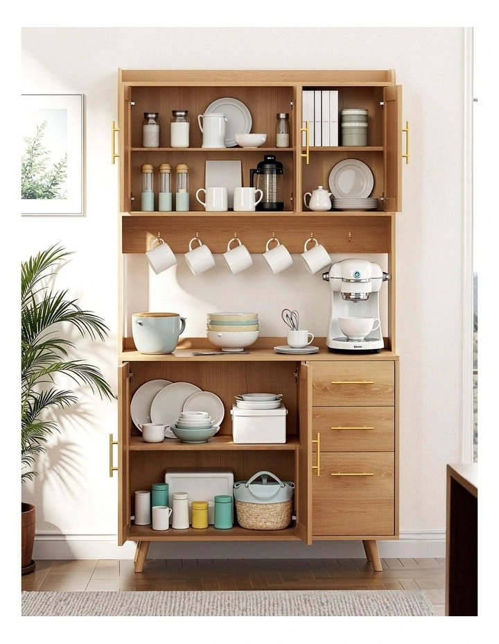 Artiss Buffet Sideboard Hutch Storage Cabinet Kitchen Cupboard Hooks Rattan Pine image 5