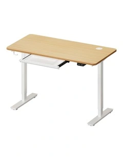 Oikiture 140cm Electric Standing Desk with Drawer Single Motor White & Oak