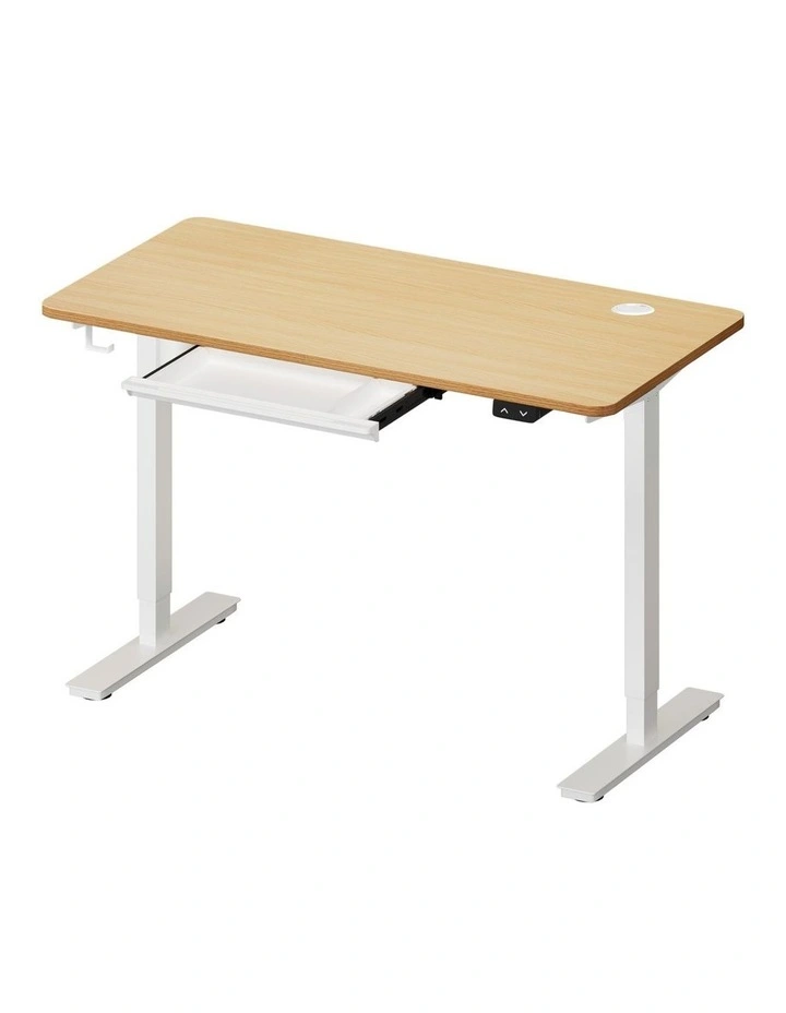 Oikiture 140cm Electric Standing Desk with Drawer Single Motor White & Oak image 1