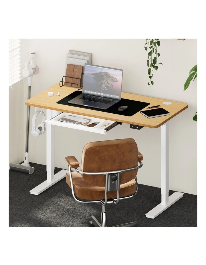 Oikiture 140cm Electric Standing Desk with Drawer Single Motor White & Oak image 4