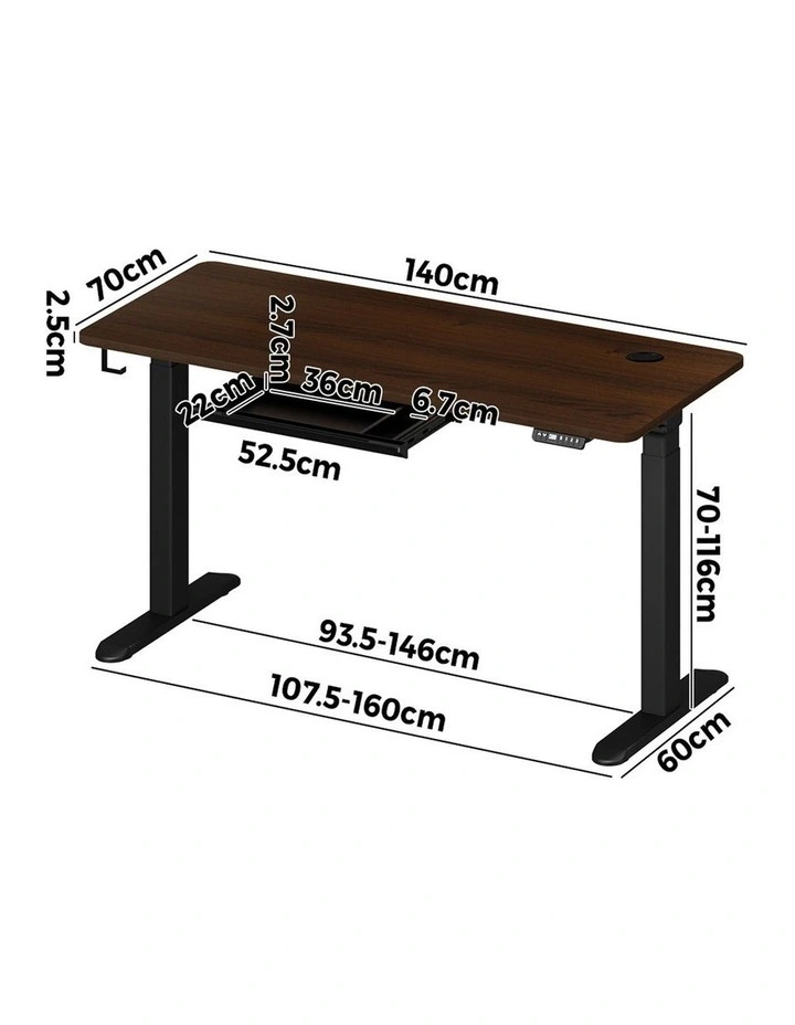 Oikiture 140cm Electric Standing Desk with Drawer Dual Motor Black Walnut image 3