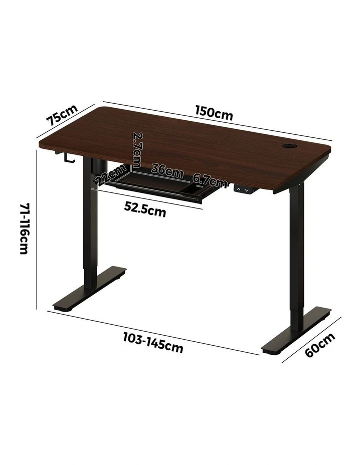 Oikiture 150cm Electric Standing Desk with Drawer Single Motor Black&Walnut image 3