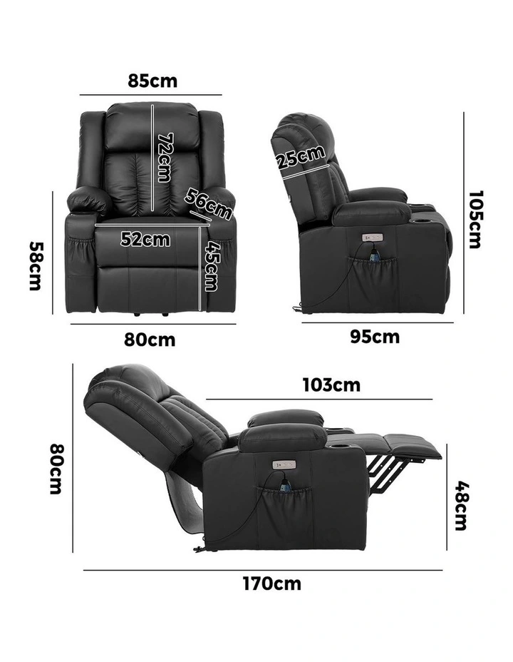 Oikiture Recliner Chair Electric Lift Massage Armchair With 2 Charge Ports Black image 3