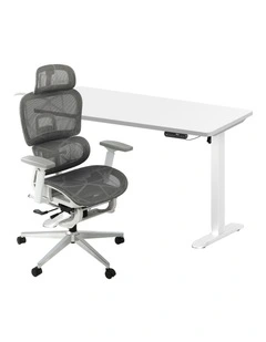 Oikiture Office Sit-stand Desk and Ergonomic Chair Set Grey & White