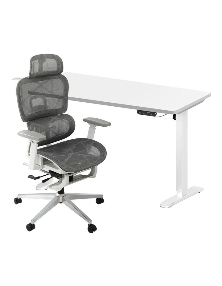 Oikiture Office Sit-stand Desk and Ergonomic Chair Set Grey & White image 1
