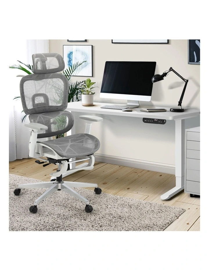 Oikiture Office Sit-stand Desk and Ergonomic Chair Set Grey & White image 5