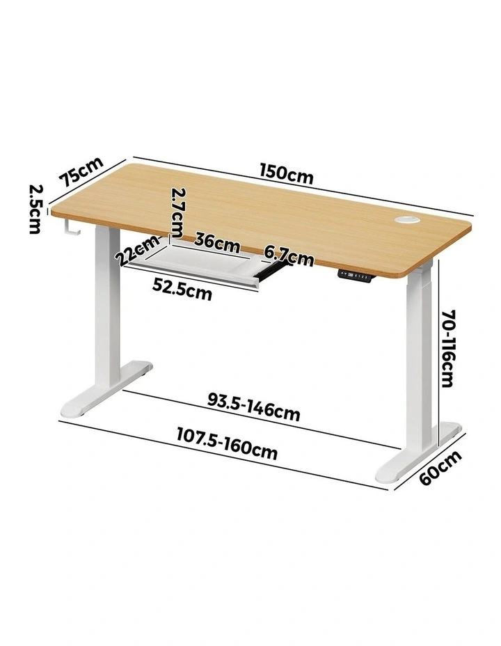 Oikiture 150cm Electric Standing Desk with Drawer Dual Motor White Oak image 3