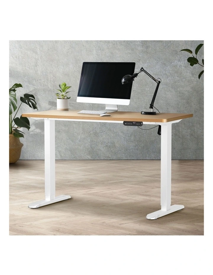 Oikiture Electric Standing Desk Single Motor White Frame 140CM OAK Tabletop image 4