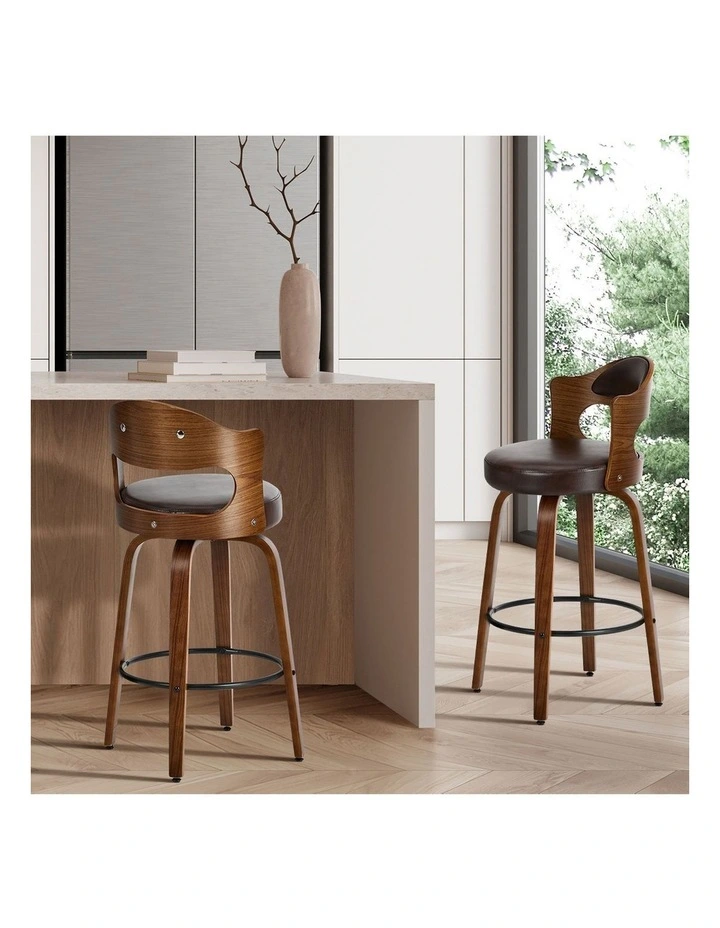 Oikiture 2x Bar Stools Kitchen Swivel Counter Chair Shell Leather Brown image 5