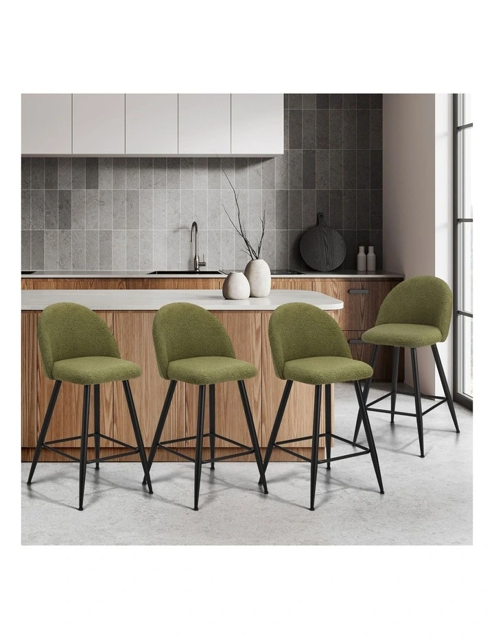 Oikiture 4x Bar Stools Kitchen Dining Chairs Counter Stool Green Boucle Padded image 4