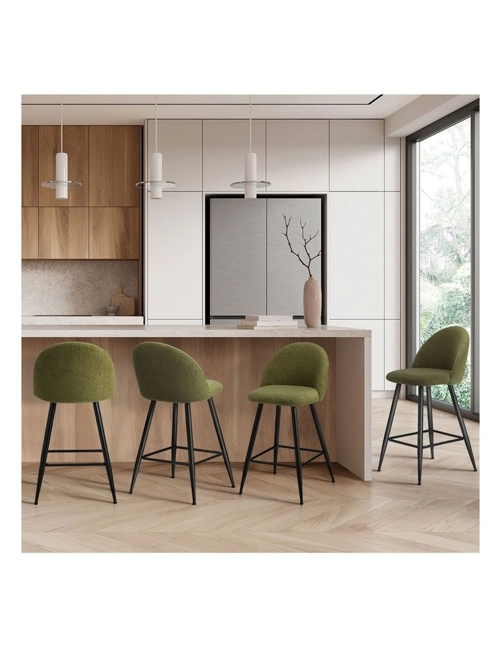 Oikiture 4x Bar Stools Kitchen Dining Chairs Counter Stool Green Boucle Padded image 5
