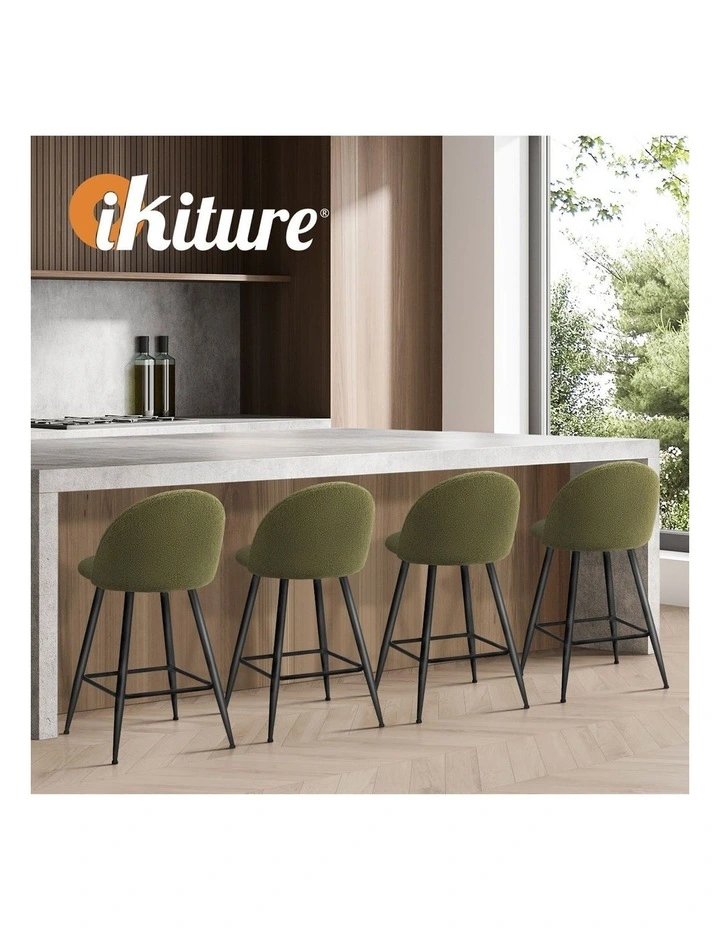 Oikiture 4x Bar Stools Kitchen Dining Chairs Counter Stool Green Boucle Padded image 7