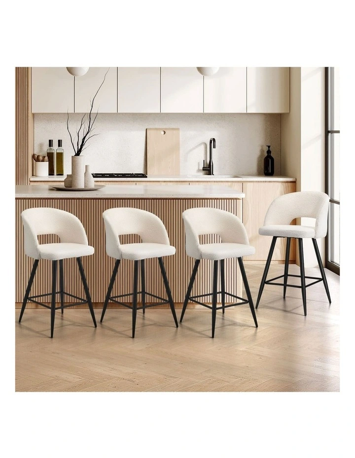 Oikiture 4x Bar Stools Kitchen Dining Chair Padded Chair Boucle White SURA image 4