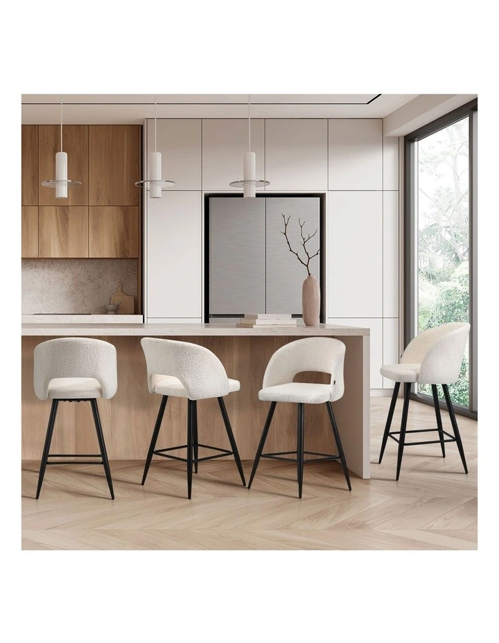 Oikiture 4x Bar Stools Kitchen Dining Chair Padded Chair Boucle White SURA image 5