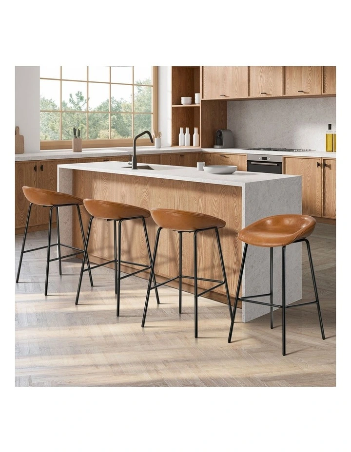 Oikiture 4X Bar Stools Kitchen Dining Chair Metal Counter Stool PU Leather Brown image 4