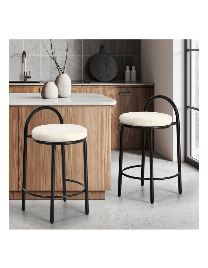 Oikiture 2x Bar Stools Dining Chairs Round Stool Low Back Counter Seat Boucle image 4