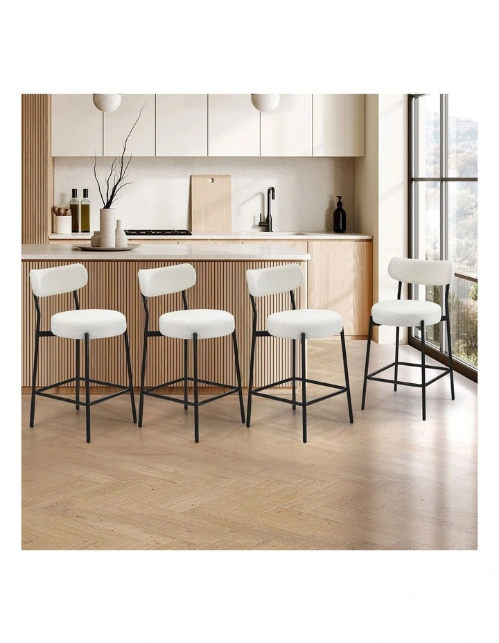 Oikiture 4x Bar Stools Kitchen Dining Chairs Counter Stool Boucle Fabric White image 4