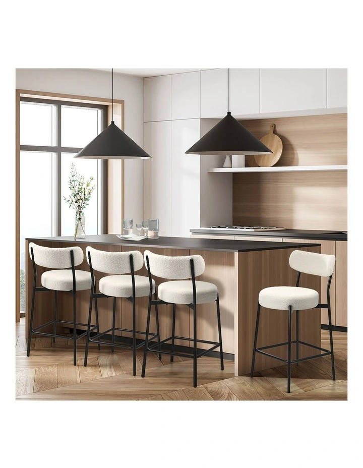 Oikiture 4x Bar Stools Kitchen Dining Chairs Counter Stool Boucle Fabric White image 5