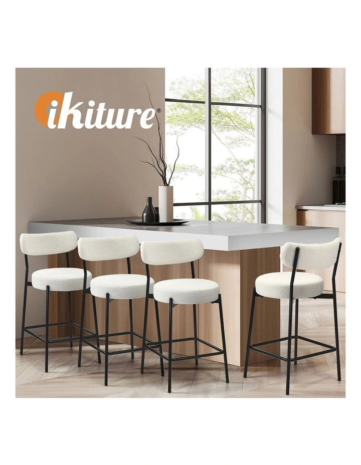 Oikiture 4x Bar Stools Kitchen Dining Chairs Counter Stool Boucle Fabric White image 7