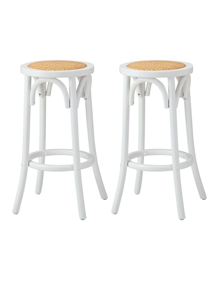 Oikiture 2x Bar Stools Kitchen Vintage Dining Chair Rattan Seat White image 1