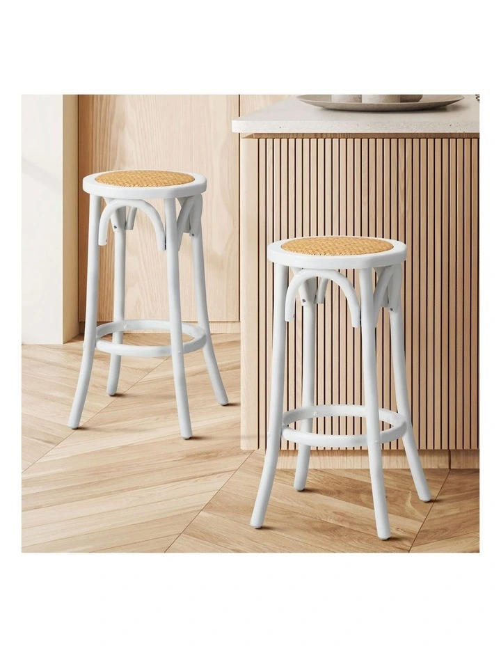Oikiture 2x Bar Stools Kitchen Vintage Dining Chair Rattan Seat White image 4