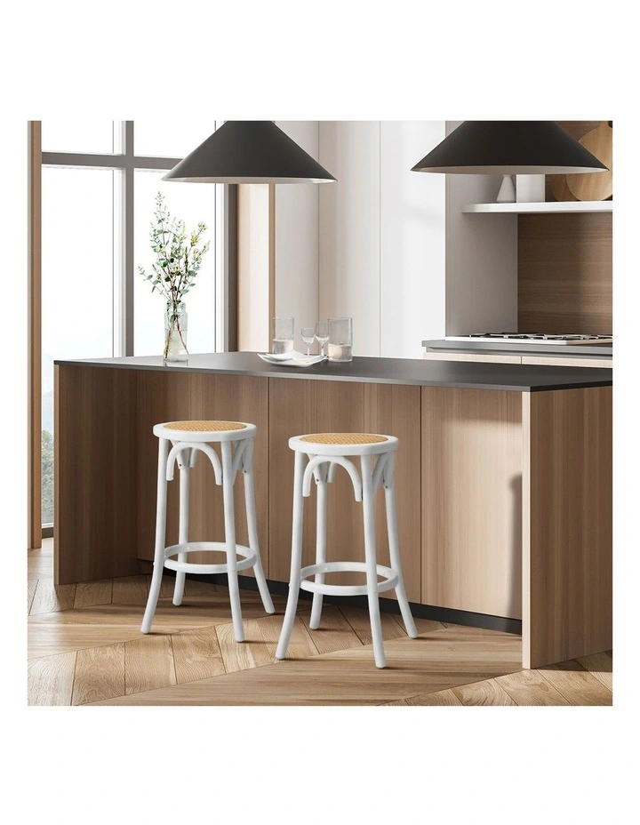 Oikiture 2x Bar Stools Kitchen Vintage Dining Chair Rattan Seat White image 5