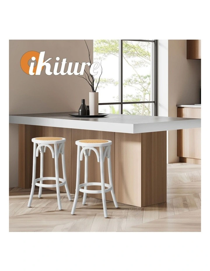 Oikiture 2x Bar Stools Kitchen Vintage Dining Chair Rattan Seat White image 7