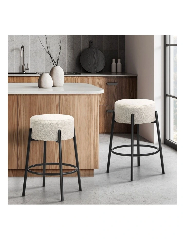 Oikiture 2x Bar Stools Kitchen Dining Chair Round Stool Boucle Fabric White image 4