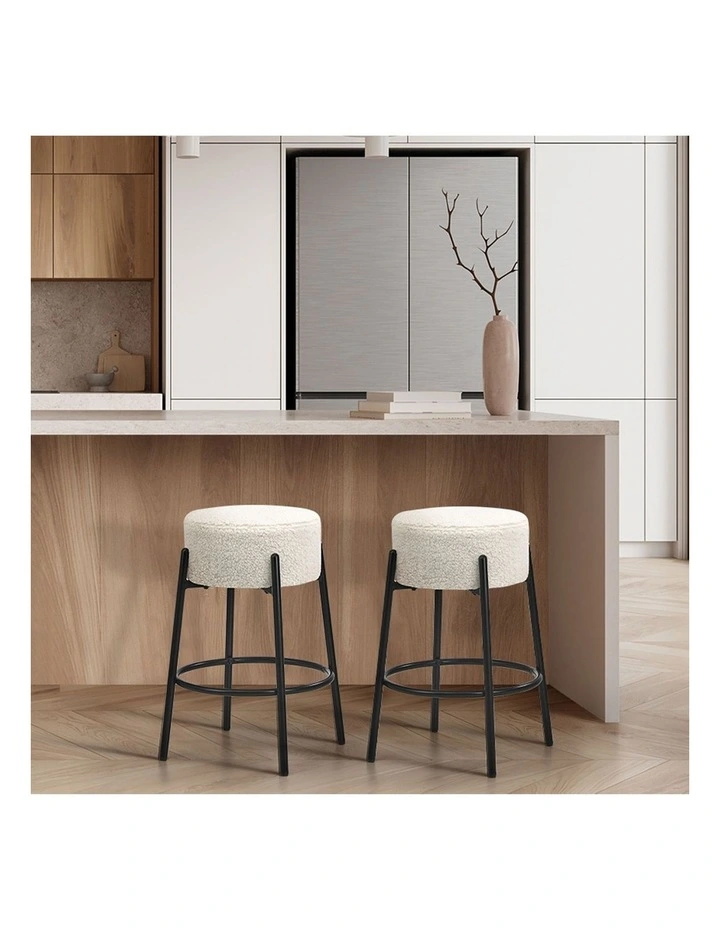 Oikiture 2x Bar Stools Kitchen Dining Chair Round Stool Boucle Fabric White image 5